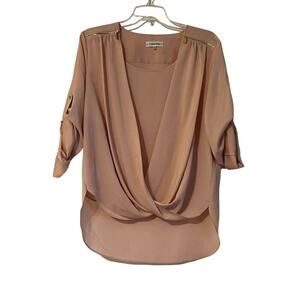 Calvin Klein Blouse Women's Size Medium Peach beige Pullover Faux Wrap Roll Tab